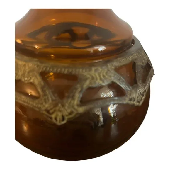 Amber Decanter, Vase Skinny Neck Round Bottom, Metal Accent Ring 7" Tall Stopper - Picture 6 of 9